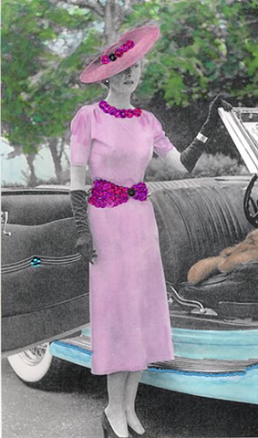Woman in Pink Dress and Blue Car