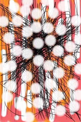 White Burst over Black Scribble on Orange/Pink Field