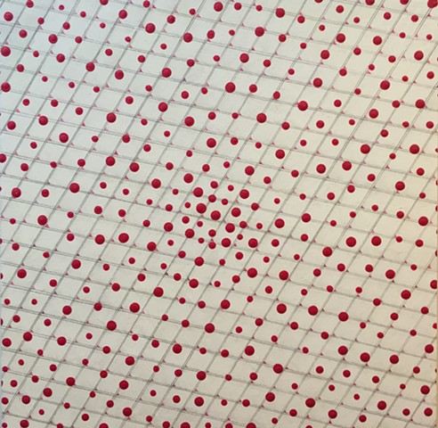 Red Cosmos on Red/Cream Pattern Field
