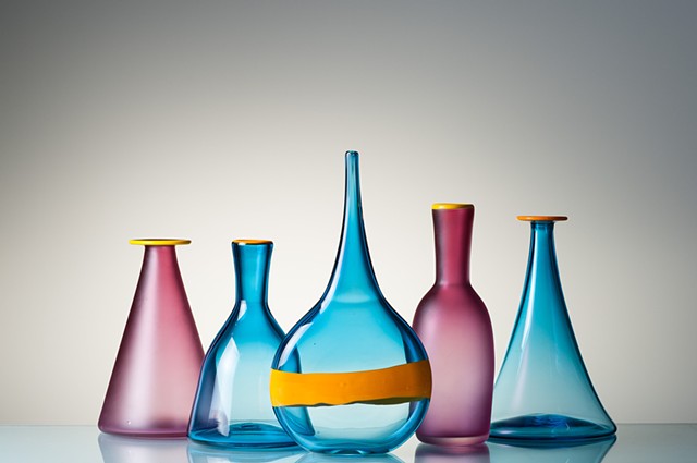Genie Bottles, hand blown glass decanters and sculptures