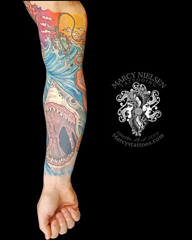 Neotraditional shark tattoo sleeve
