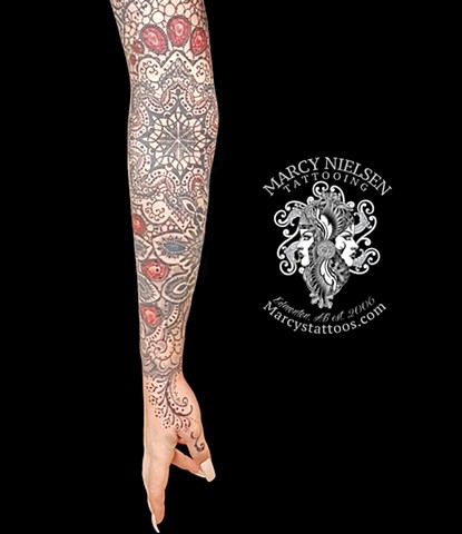 Lace and jewel Mandala sleeve tattoo