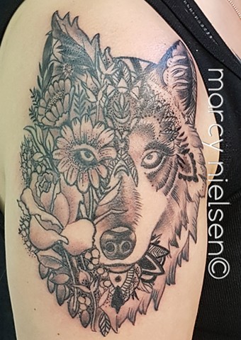 floral wolf tattoo