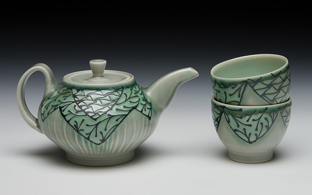 mini teapot with teabowls blue/green 2