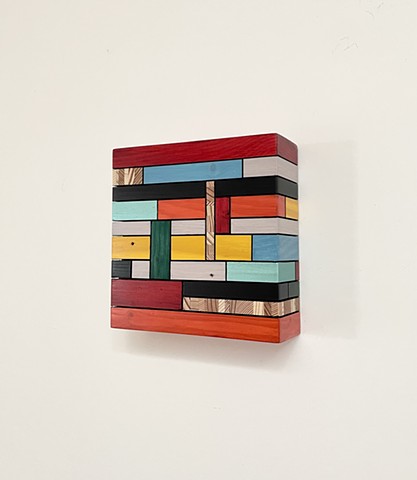 Modern art-contemporary craft, hanging Color Module, salvaged wood with mixed media color, by Andrew Traub. Mid century style for the 21st century