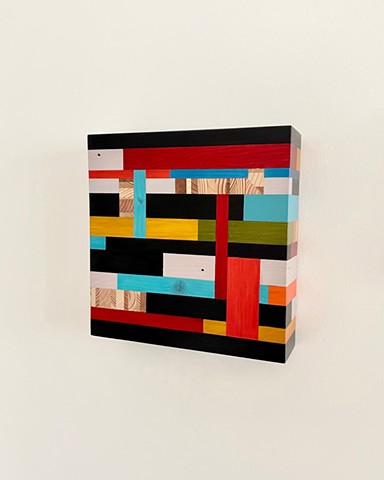 Modern art-contemporary craft wall hanging Color Module called "Nothing Is Real", salvaged wood with mixed media color by Andrew Traub.