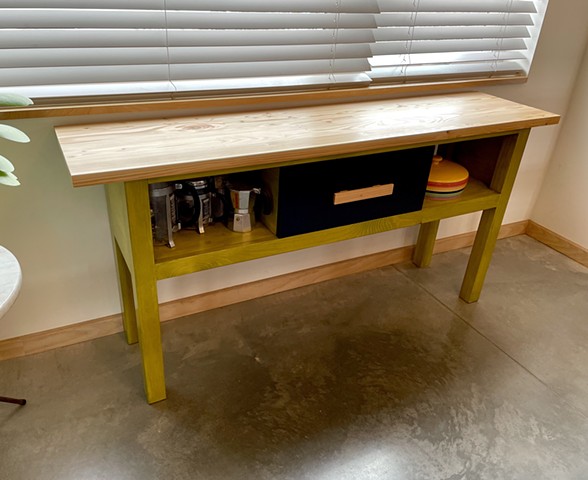 Tympoo Buffet Table, handmade 2x4 and pine furniture with a green tinted poly urethane finish. Andrew Traub