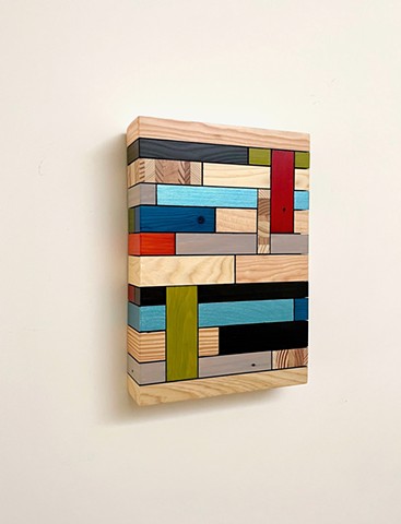 Modern art-contemporary craft wall hanging Color Module called "Phantom Lakeshore", salvaged wood with mixed media color by Andrew Traub.