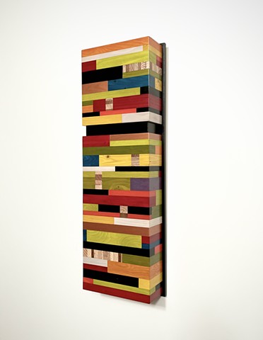 Modern art wall hanging Color Module, title "Cosmopolis", salvaged wood with mixed media color. By Andrew Traub.