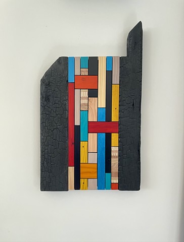 Modern art-contemporary craft wall hanging Color Module called "Swarthmore", salvaged wood with mixed media color, carbonized wood, by Andrew Traub.