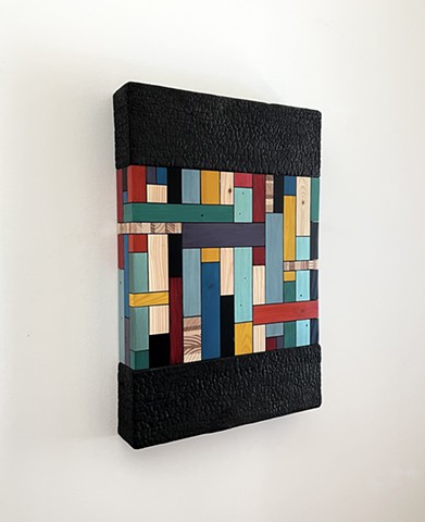 Modern art-contemporary craft, wood art wall hanging Color Module called "Porto Marina", salvaged wood with mixed media color, carbonized wood, by Andrew Traub.