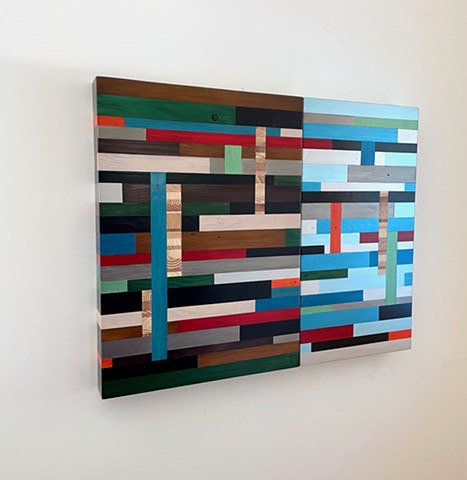 Modern art-contemporary craft wall hanging Color Module called "Forever", salvaged wood with mixed media color by Andrew Traub.