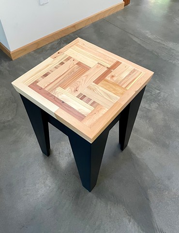 Apollo Table with salvaged wood top, black chair side table with natural mixed wood top by Andrew Traub Studio