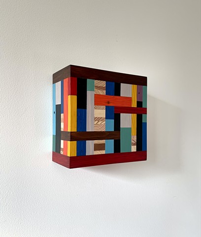 Modern art-contemporary craft wall hanging Color Module called "Happy Chap", salvaged wood with mixed media color by Andrew Traub.