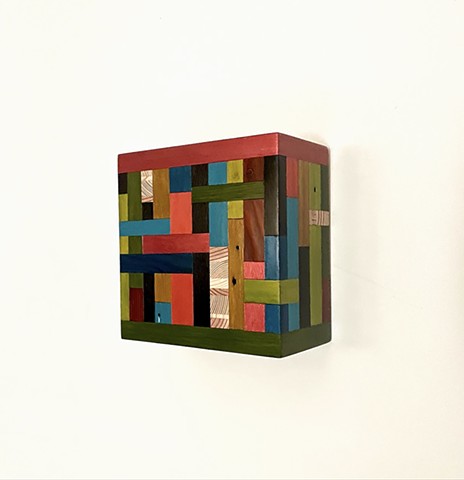 Modern art-contemporary craft wall hanging Color Module called "Justice Tonight", salvaged wood with mixed media color, by Andrew Traub.
