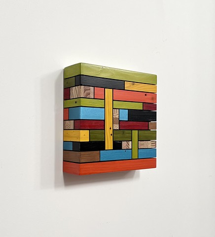 Modern art-contemporary craft, hanging Color Module, salvaged wood with mixed media color, by Andrew Traub. Mid century style for the 21st century