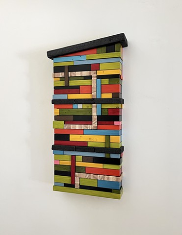 Modern art-contemporary craft, wood art wall hanging Color Module, salvaged wood with mixed media color, carbonized wood, by Andrew Traub. Mid century art for the 21st century