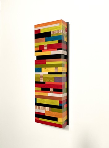 Modern art wall hanging Color Module, title "Cosmopolis", salvaged wood with mixed media color. By Andrew Traub.