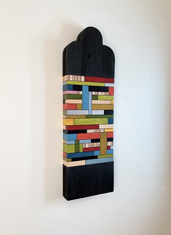 Modern art-contemporary craft, wall hanging Color Module called "Toyopa,", salvaged wood, mixed media color, carbonized wood, by Andrew Traub. Mid century art for the 21st century