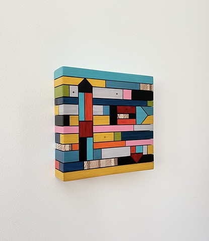 Modern art - contemporary craft, hanging Color Module, salvaged wood with mixed media color, by Andrew Traub. Mid century style for the 21st century