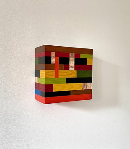 Modern art-contemporary craft wall hanging Color Module called "Imagine That", Bauhaus stlye, salvaged wood with mixed media color by Andrew Traub.