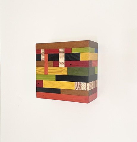 Modern art-contemporary craft wall hanging Color Module called "Imagine That", Bauhaus stlye, salvaged wood with mixed media color by Andrew Traub.