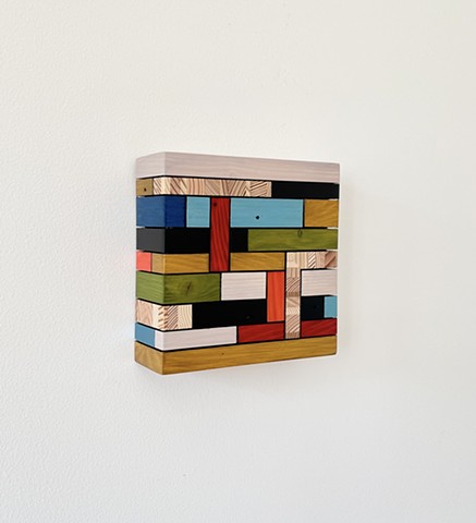 Modern art-contemporary craft, hanging Color Module, salvaged wood with mixed media color, by Andrew Traub. Mid century style for the 21st century