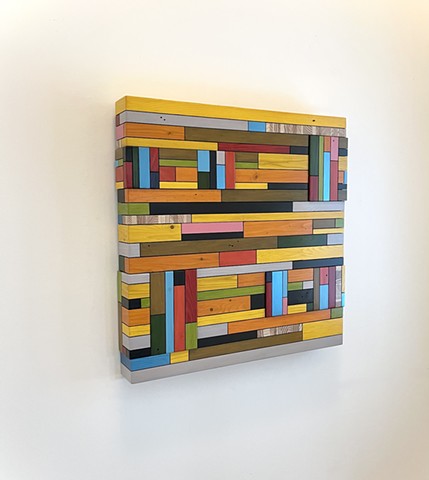 Modern art-contemporary craft, hanging Color Module, salvaged wood with mixed media color, by Andrew Traub. Mid century style for the 21st century