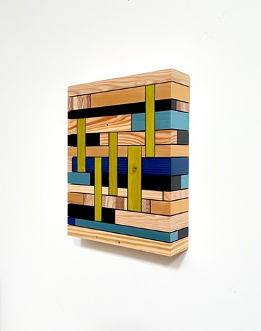 Modern art-contemporary craft wall hanging Color Module called "Temporal Array", salvaged wood with mixed media color by Andrew Traub.