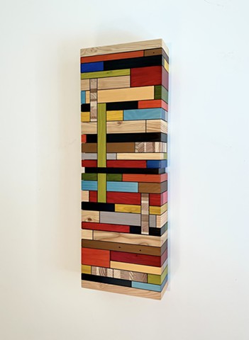 Modern art-contemporary craft wall hanging Color Module called "Tomorrow Was Lovely", Bauhaus stlye, salvaged wood with mixed media color by Andrew Traub.