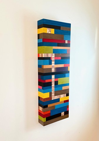 Modern art-contemporary craft wall hanging Color Module called "Bermuda Babylon", salvaged wood with mixed media color by Andrew Traub.