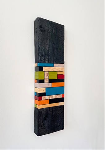 Modern art-contemporary craft wall hanging Color Module called "Monument", salvaged wood with mixed media color, carbonized wood, by Andrew Traub.