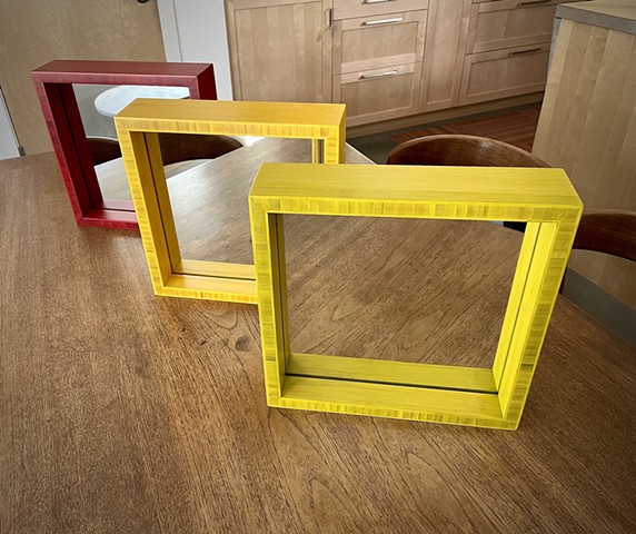 Bamboom plywood shadowbox mirror with translucent colored finish, custom sizes available.