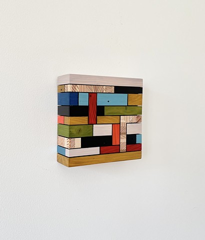 Modern art-contemporary craft, hanging Color Module, salvaged wood with mixed media color, by Andrew Traub. Mid century art for the 21st century