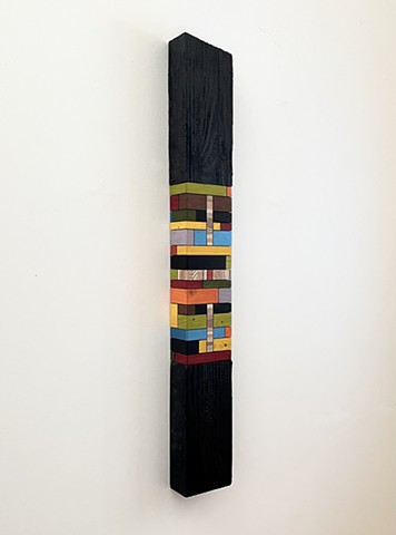 Modern art-contemporary craft, wood art wall hanging Color Module called "El Medio", salvaged wood with mixed media color, carbonized wood, by Andrew Traub. Mid century art for the 21st century