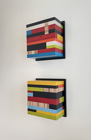 Color Modules "A7SQ" & "B7SQ" by Andrew Traub, modern art from salvaged wood and mixed media color.