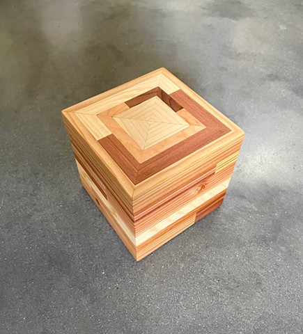 Cube lidded keepsake box made from mixed salvaged softwoods, small 4" profile, handmade by Andrew Traub