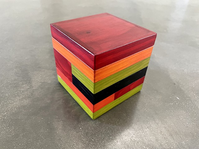 Cube lidded keepsake box made from mixed salvaged softwoods with colorful finish, small 4" profile, handmade by Andrew Traub