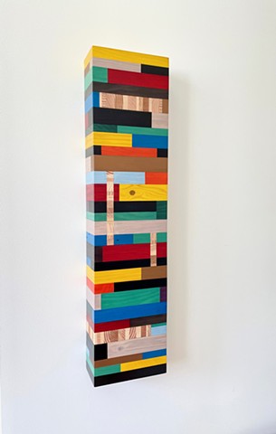 Modern art-contemporary craft wall hanging Color Module called "Long Forgotten Hoopla", salvaged wood with mixed media color by Andrew Traub.