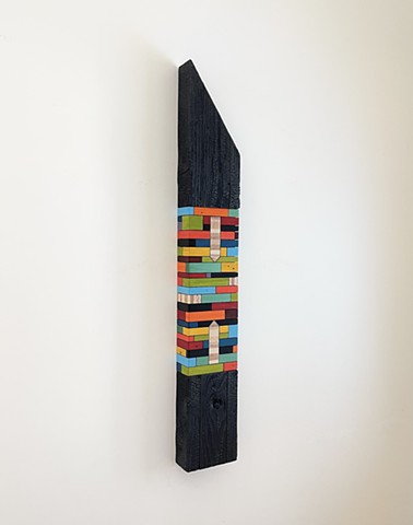 Modern art - contemporary craft, wood art hanging Color Module, salvaged wood with mixed media color, carbonized wood, by Andrew Traub. Mid century art for the 21st century