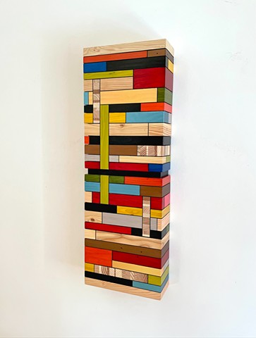 Modern art-contemporary craft wall hanging Color Module called "Tomorrow Was Lovely", Bauhaus stlye, salvaged wood with mixed media color by Andrew Traub.