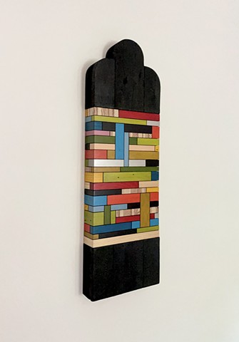 Modern art-contemporary craft, wall hanging Color Module called "Toyopa,", salvaged wood, mixed media color, carbonized wood, by Andrew Traub. Mid century art for the 21st century