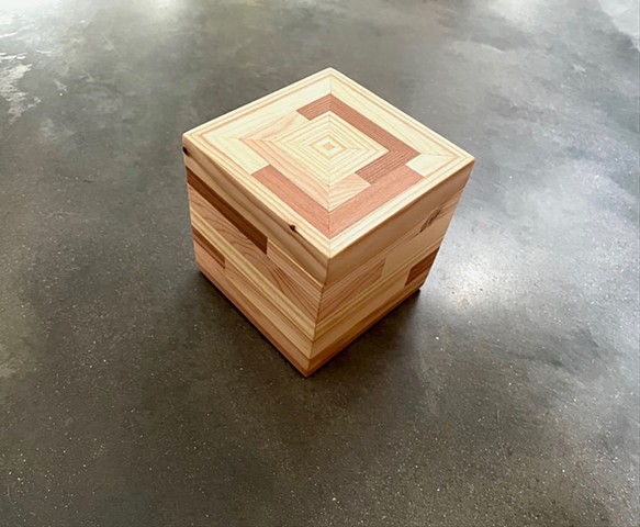 Cube lidded keepsake box made from mixed contrasting softwoods, small 4" profile, handmade by Andrew Traub