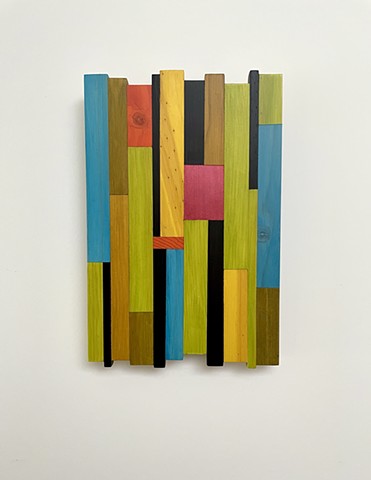 Modern wall panel with translucent colors on salvaged wood, 8"x12"