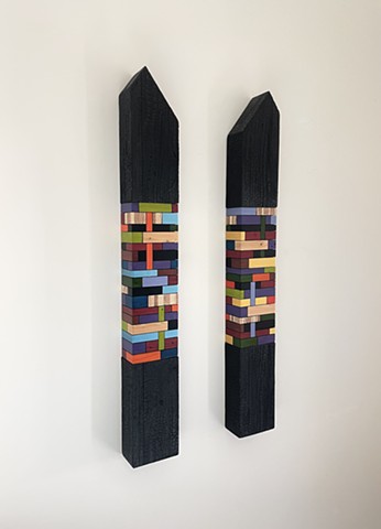 Modern art - contemporary craft, wood art hanging Color Module, salvaged wood with mixed media color & carbonized wood, by Andrew Traub. 21st century modern.