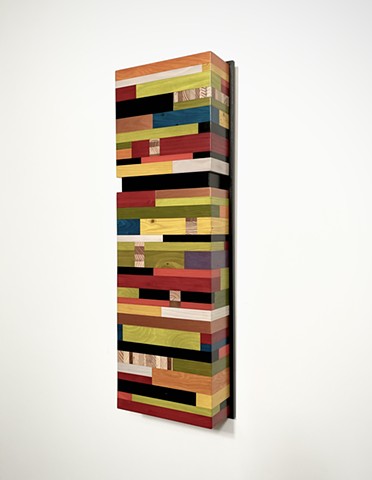 Modern art wall hanging Color Module, title "Cosmopolis", salvaged wood with mixed media color. By Andrew Traub.