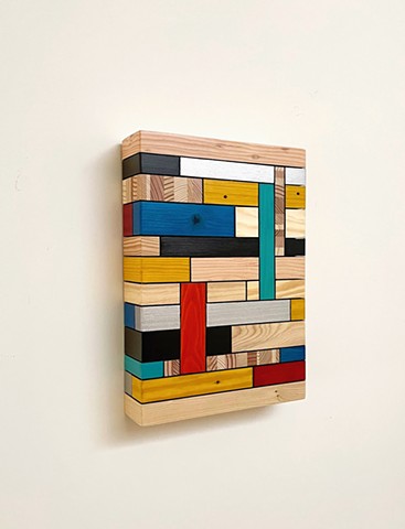 Modern art-contemporary craft wall hanging Color Module called "Her Journey West", salvaged wood with mixed media color by Andrew Traub.