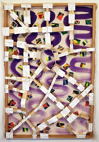 Piecing the pieces/Watching window: 2025, collaged oil on canvas, acrylic on canvas, wood, staples, gesso canvas, 44.5" x 32"