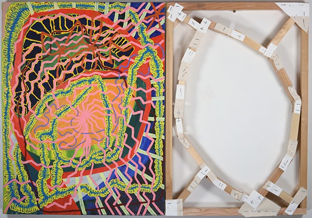 Emptying Out: 2024, oil on canvas over panel, canvas, gesso, wood, staples, 24" x 36"