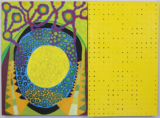 Garage Rock: 2024, oil on canvas, peg board, acrylic, screws, 24â€� x 36â€�